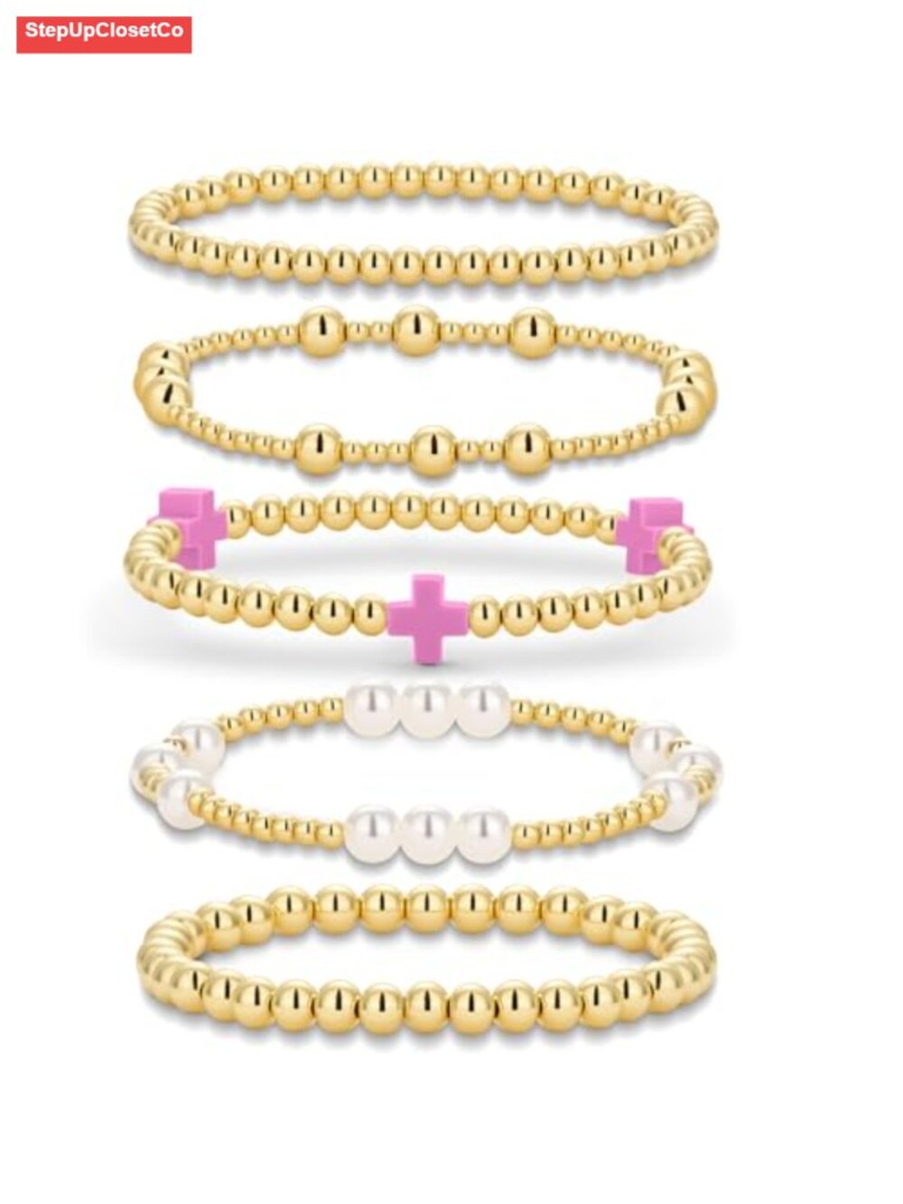 5-Piece Gold Bead Pearl Cross Stretch Bracelet Stack Set